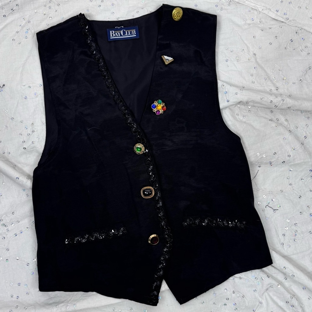Vintage Bay Club Black Vest Jeweled Embellishments Sequin Trim Size S (approx.)